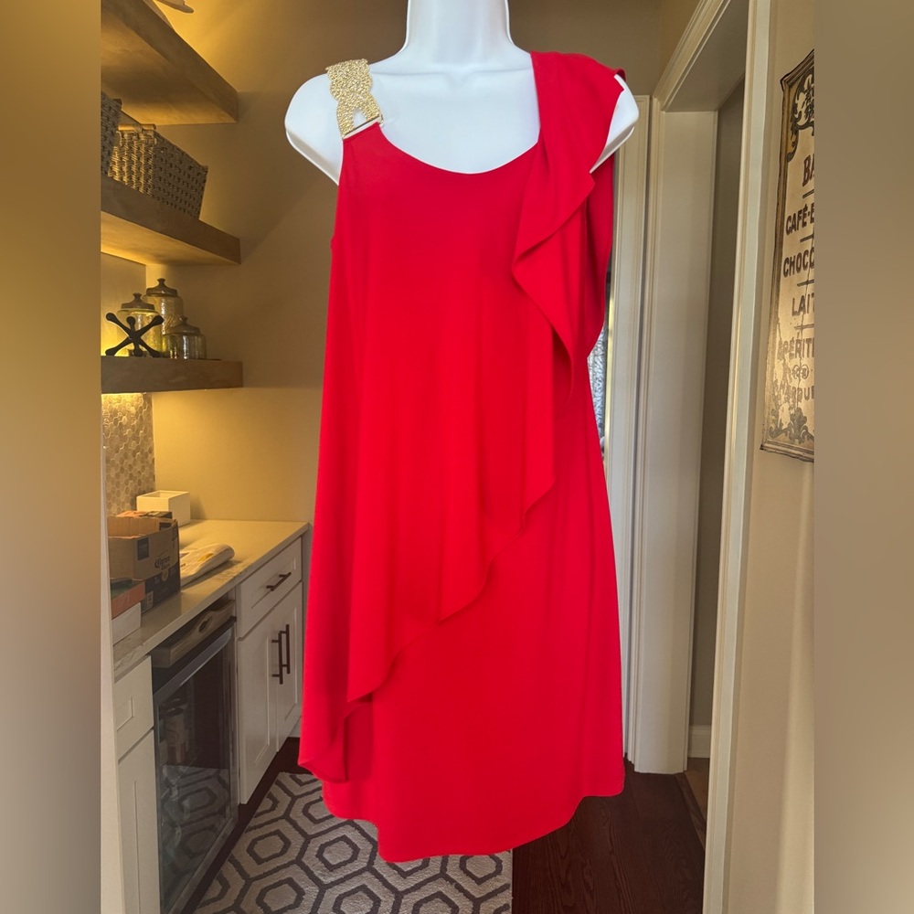 Betsy & Adam Size 6 Sleeveless Red Draped Cocktail Dress Gold & Rhinestone Strap